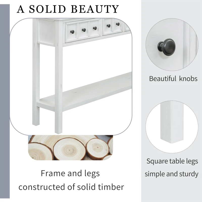 Rustic Entryway Console Table with Two Sizes of Drawers, Bottom Shelf, Ideal for Living Room, Hallway, 60" L x 11" W x 34" H, White