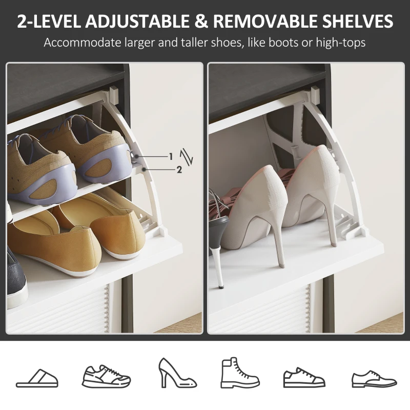 HOMCOM Shoe Cabinet, Modern Shoe Storage Cabinet with 2 Flip Drawers, Adjustable Shelves, Open Shelf and Bamboo Frame for Entryway, Hallway, Holds 12 Pairs, White