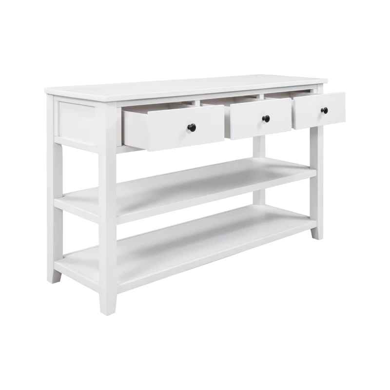 Mid-Century Retro Console Table with 2 Open Shelves, 3 Drawers, Pine Solid Wood Frame, Circular Handles, 50" L x 16" W x 30" H, White