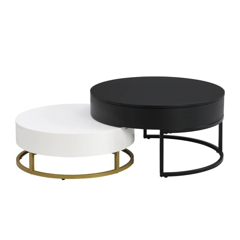 Modern Round Lift-top Nesting Coffee Tables with 2 Drawers, Space-saving Design, Storage Solutions, 31.5" L x 31.5.5" W x 22.5" H, White+Black