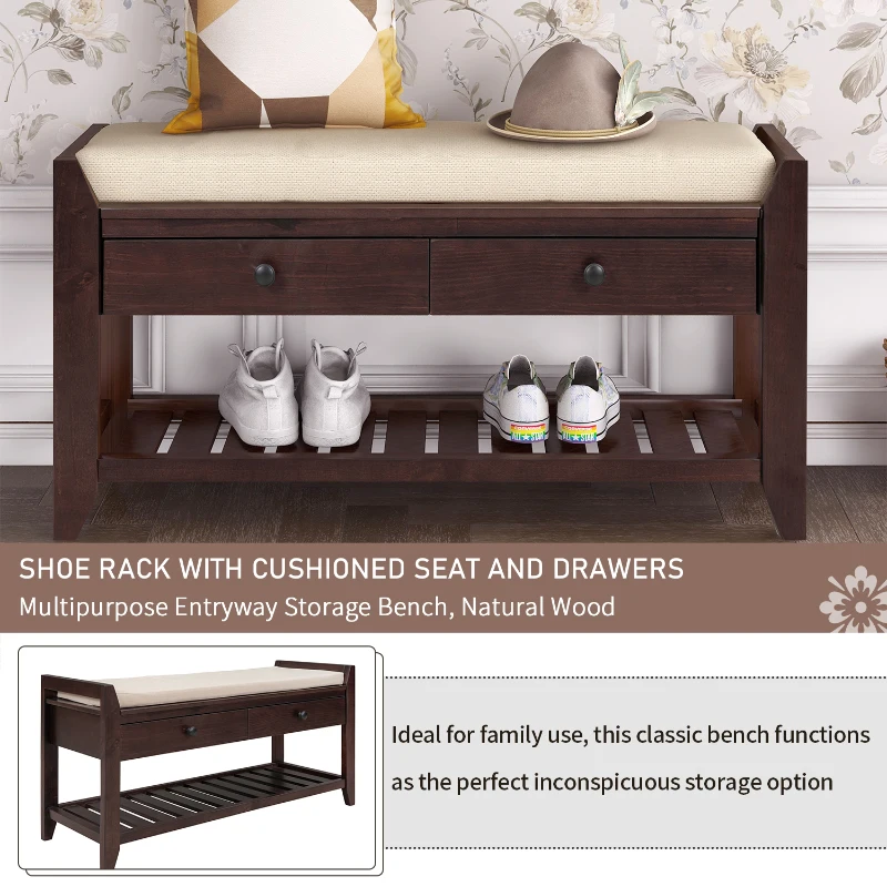 Shoe Rack with Cushioned Seat and Drawers, Pine Wood Construction, Multipurpose Entryway Storage Bench, 39" L x 14" W x 20" H, Dark Brown