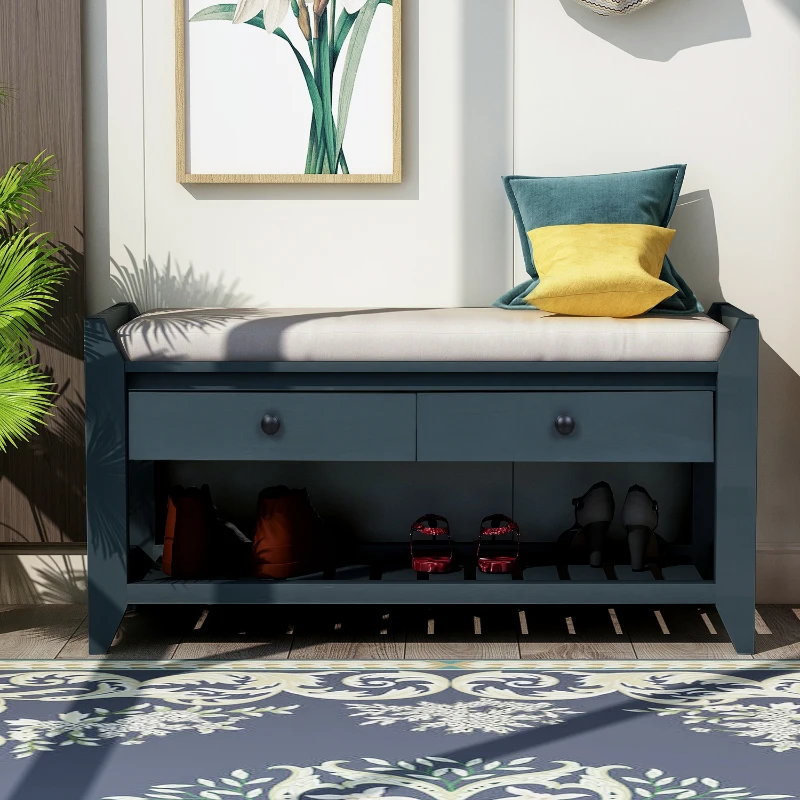 Shoe Rack with Cushioned Seat and Drawers, Pine Wood Frame, Multipurpose Entryway Storage Bench, 39" L x 14" W x 20" H, Antique Navy