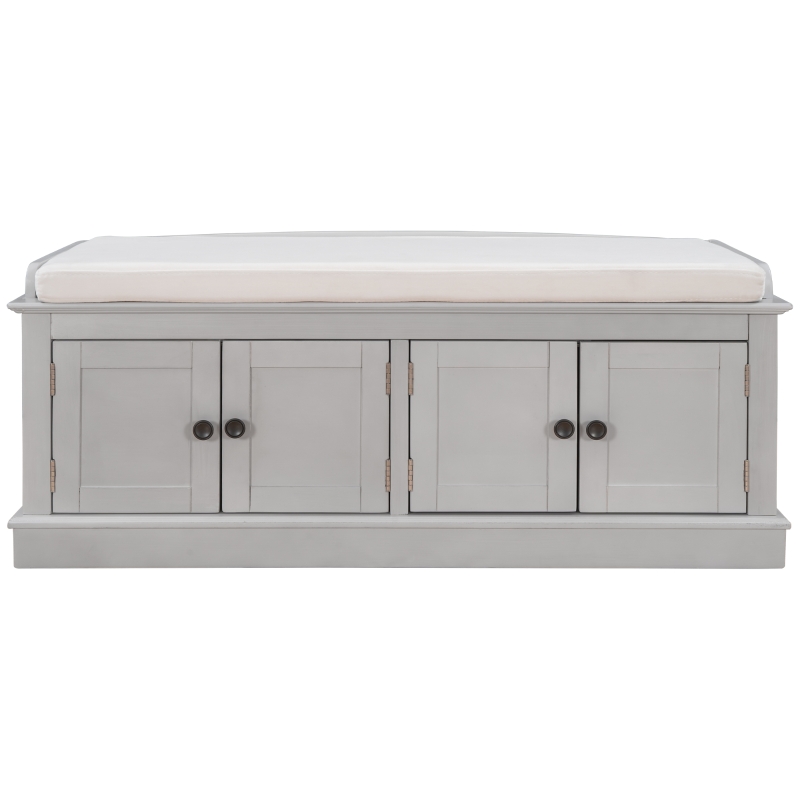 Storage Bench with 4 Doors and Adjustable Shelves, Comfortable Seating, Removable Cushion for Entryway, 43" L x 16" W x 17.5" H, Gray