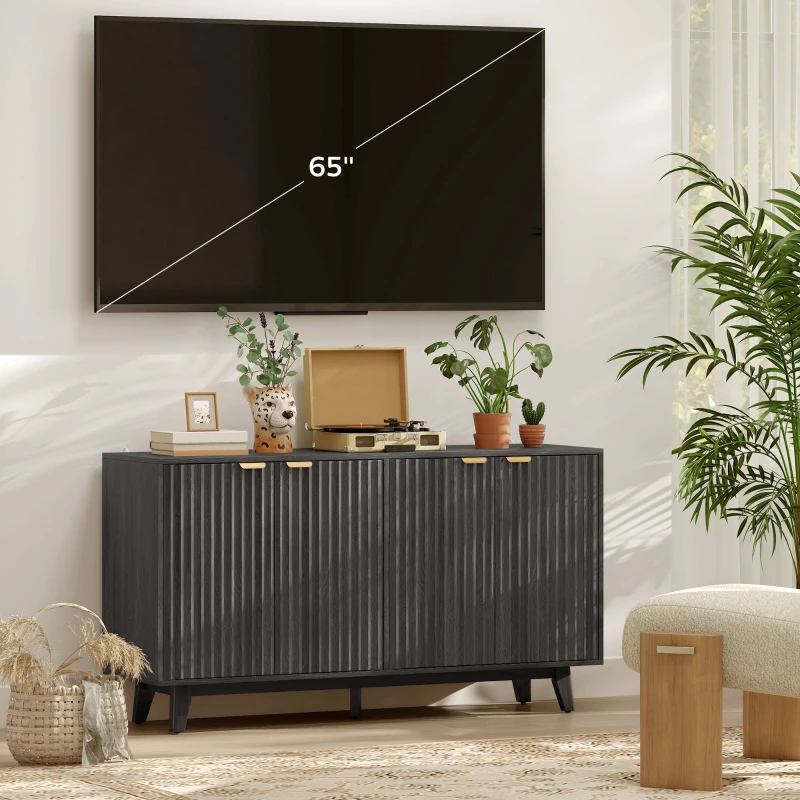 HOMCOM Fluted Sideboard Buffet Cabinet, 55" Coffee Bar Cabinet with 4 Doors, 2 Adjustable Shelves, 5 Wood Legs, Dark Gray