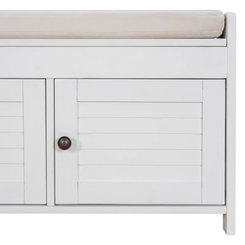 Rustic Storage Bench with Shutter-shaped Doors, Removable Cushion and Hidden Storage, 43.5" L x 16 " W x 18" H, White