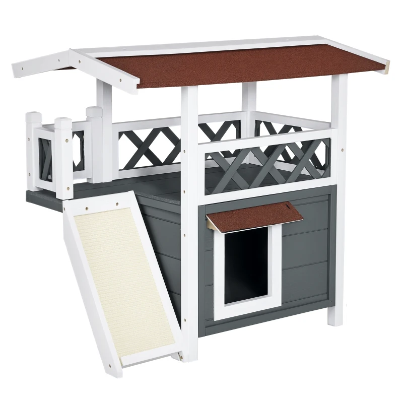 PawHut Wooden Cat House Outdoor with Sisal Ramp, 2-Story Feral Cat Shelter with Balcony, Asphalt Roof, Spacious Condo, Gray