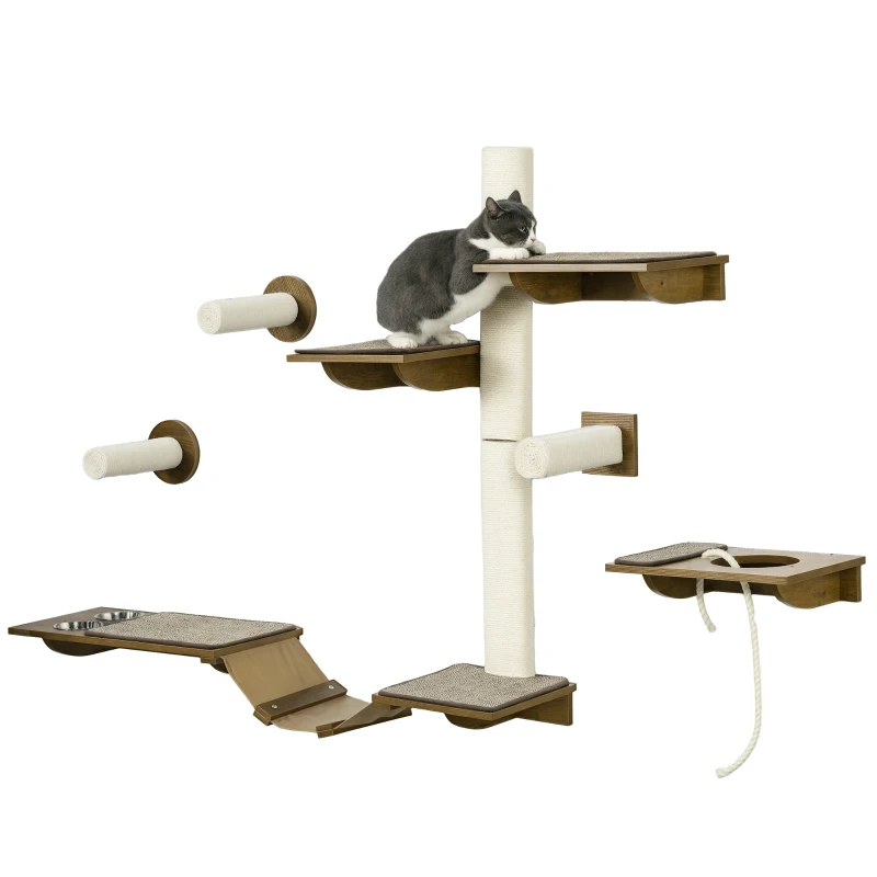 PawHut 8 Piece Cat Wall Shelves for Climbing, Sleeping, Playing, Brown