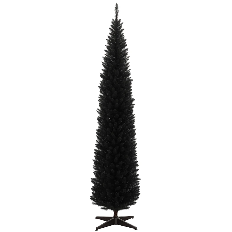 HOMCOM 8ft Unlit Pencil Artificial Christmas Tree with Realistic Branches and 618 Tips, Plastic Base, Black