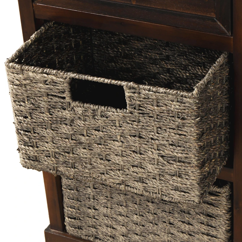 Rustic Storage Cabinet with Two Drawers and Four Rattan Baskets, Modern Farmhouse Style, Acacia Wood Frame, 28" L x 12" W x 28" H, Brown