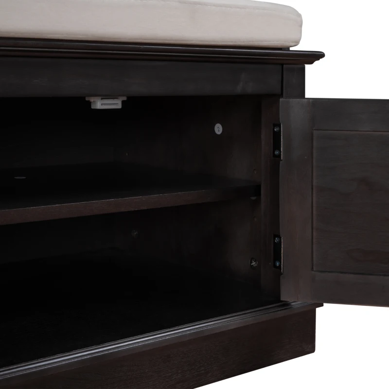 Storage Bench with Multi-Purpose Storage and Adjustable Shelves, Removable Cushion for Entryway, 43" L x 16" W x 17.5" H, Dark Brown