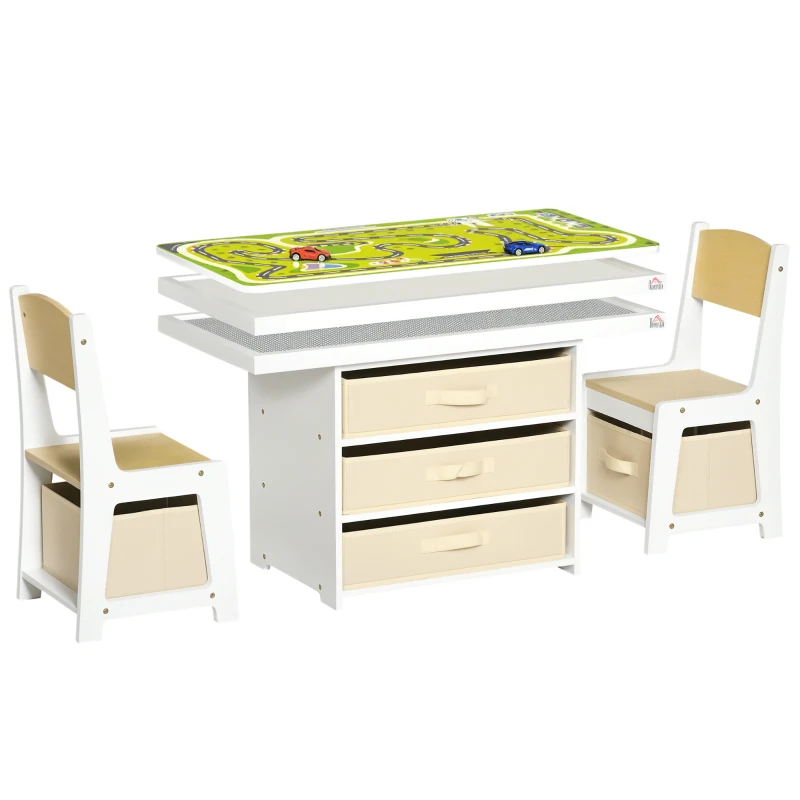 Qaba 3-in-1 Kids Activity Table and Chairs Set with 3 Surfaces Including Kids Drawing Table, Kids Building Blocks Table, Road Map with 2 Cars, Storage Baskets for Preschool Children