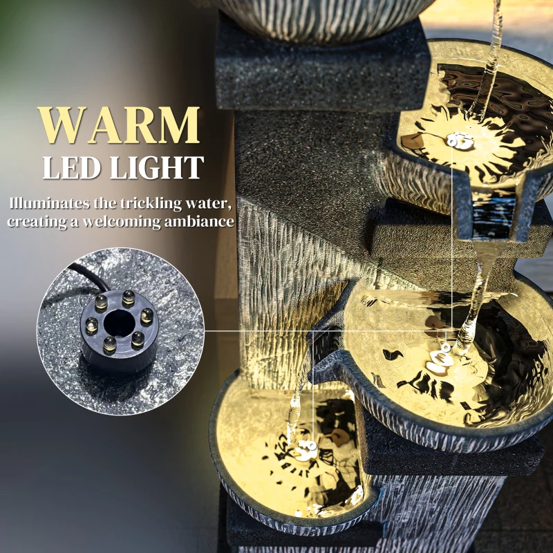 Outsunny 33.5" Water Fountain, 4-Tier Resin Cascading Bowls Outdoor Waterfall Fountain with LED Lights, Pump