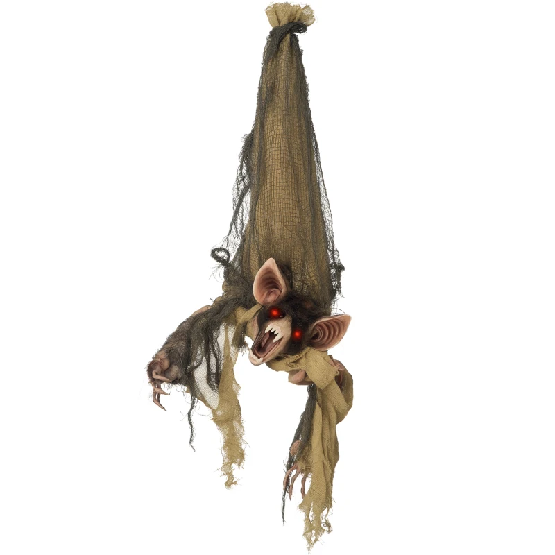 Outsunny 28" Life Size Outdoor Halloween Decorations Hanging Bat Opening Month, Animated Prop with Sound and Motion Activated Light Up Eyes, Spooky Sound and Laughter