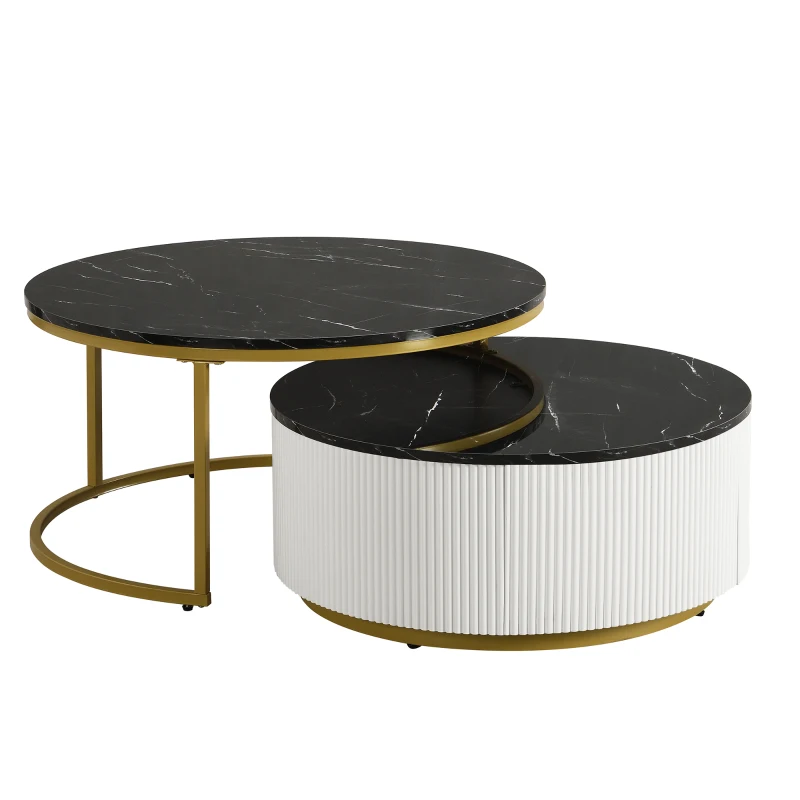 Modern Round Nesting Coffee Table Set with Storage Drawer, MDF Top and Metal Base, Fluted Design, 27.5" L x 27.5" W x 16" H, Black+Gold