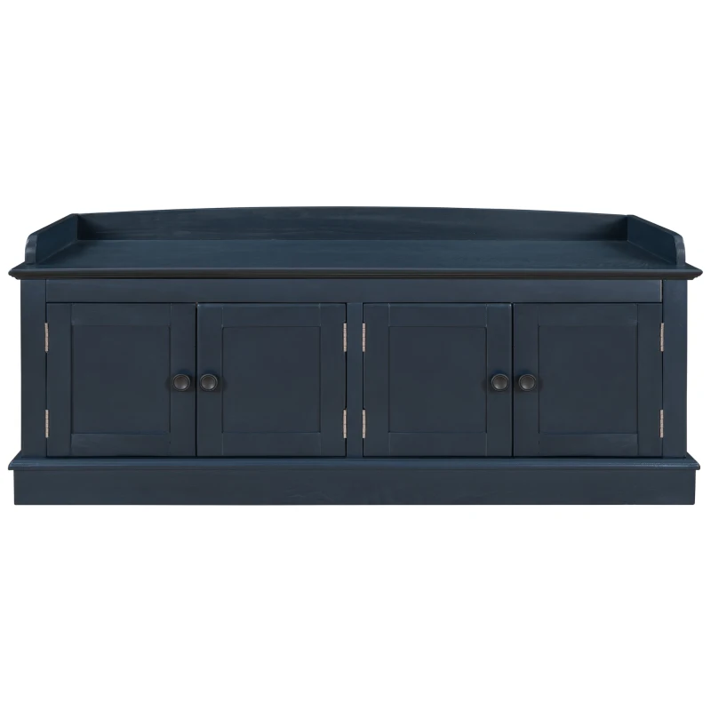 Storage Bench with 4 Doors and Comfortable Seating, Adjustable Shelves and Removable Cushion for Entryway, 43" L x 16" W x 17.5" H, Antique Navy