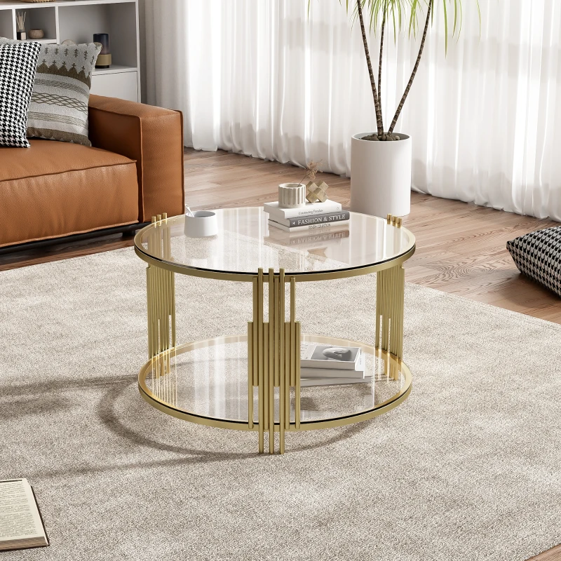 Modern Glass Coffee Table with Asymmetrical Metal Design, Circular Drum Base, Sofa Table with Lower Shelf, 31.5" L x 31.5" W x 20" H, Gold
