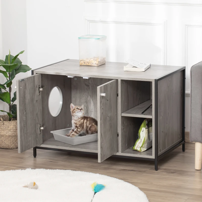 PawHut Large Wooden & Steel Cat Litter Box Enclosure, Kitten Washroom End Table, Indoor Hidden Cat House with Magnetic Doors & Storage Shelves, Gray