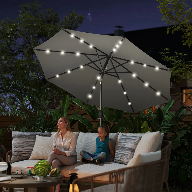 Outsunny 8.8 ft Solar Powered Outdoor Patio Umbrella Round Market Table Umbrella with Adjustable LED Lights Tilt Crank Dark Grey