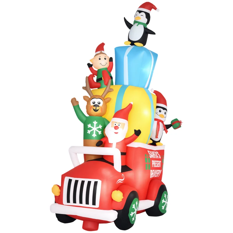Outsunny 9ft Christmas Inflatables Outdoor Decorations Santa Claus Drives a Gift Car with Elk, Elf and Two Penguins, Blow-Up LED Yard Christmas Decor for Garden, Lawn