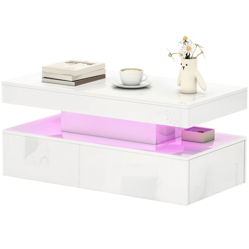 HOMCOM LED Coffee Table, Living Room Table with 2 Drawers and Open Shelf, High Gloss White