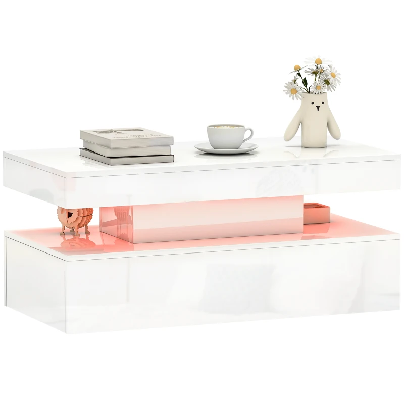 HOMCOM LED Coffee Table, Living Room Table with 2 Drawers and Open Shelf, High Gloss White