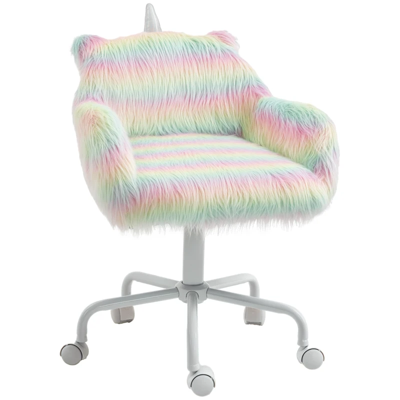 HOMCOM Fluffy Unicorn Office Chair with Mid-Back and Armrest Support, 5 Star Swivel Wheel White Base, Rainbow