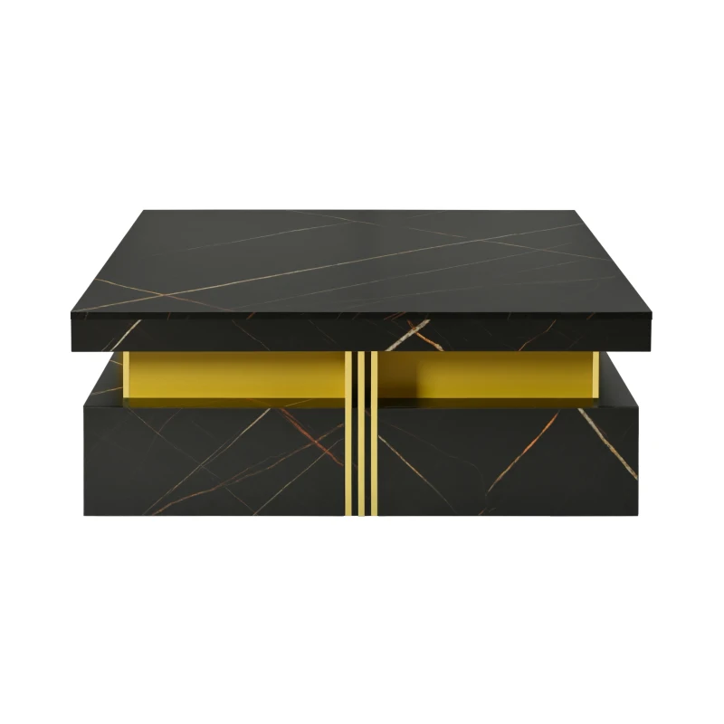 Modern Square Storage Coffee Table with 4 Functional Drawers, MDF Construction, Gold Accents, 43.5" L x 43.5" W x 16.5" H, Black+Gold