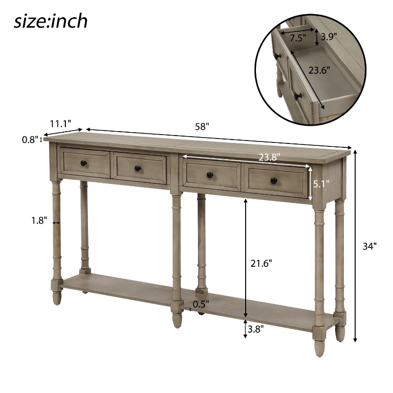 Console Table with Two Storage Drawers and Bottom Shelf, Solid Wood Frame, Easy Assembly, 58" L x 11" W x 34" H, Gray