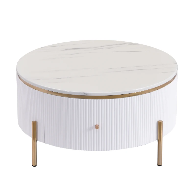 Modern Round Coffee Table with 2 Large Drawers, MDF Construction and Gold Legs, Sleek Modern Design, 31.5" L x 31.5" W x 17" H, White+Gold