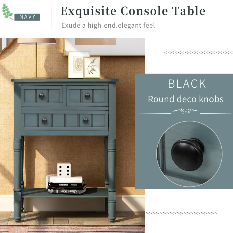 Elegant Narrow Console Table with Storage Drawers, Bottom Shelf, Tapered Legs, Round Knobs, Solid Wood Frame, 24" L x 13" W x 31" H, Navy