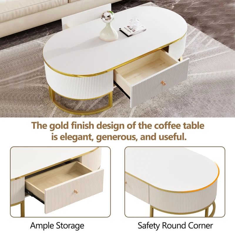 Modern High-Gloss Oval Coffee Table with Storage Drawers, Gold Lacquered Metal Base, Curved Design, 47" L x 23.5" W x 14.5" H, White+Gold