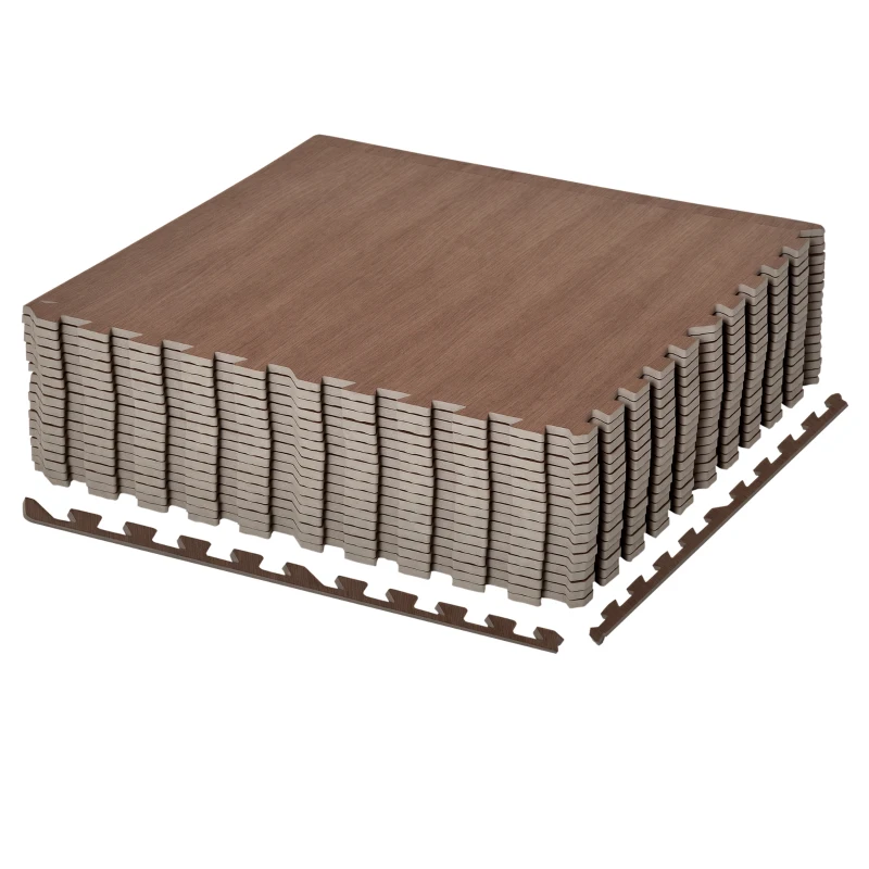HOMCOM Wood Grain Floor Mats 1/2 Inch Thick, Interlocking EVA Foam Mats Tiles with Borders, Puzzle Exercise Mat for Home and Fit Equipment, 24 in x 24 in, Pack of 18
