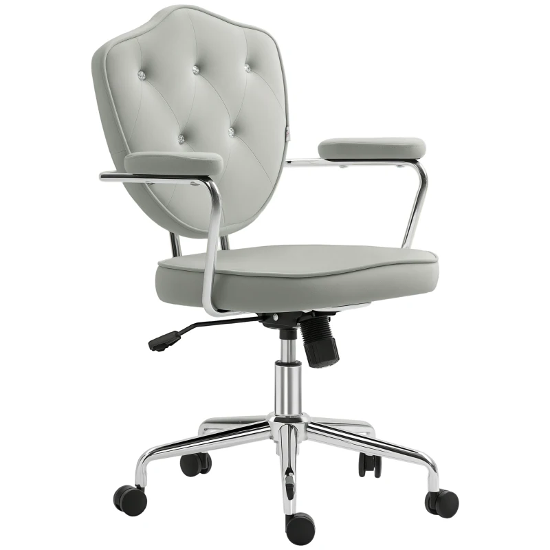 HOMCOM Cute Office Chair, Desk Chair with Button Tufted Velvet-Feel Fabric, Swivel Computer Vanity Chair, Gray