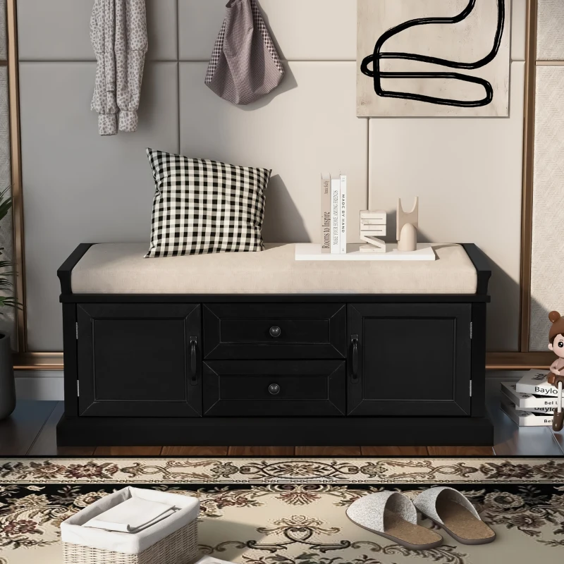 Storage Bench with Multi-Purpose Storage and Adjustable Shelves, Removable Cushion for Entryway, 43" L x 16" W x 17.5" H, Black