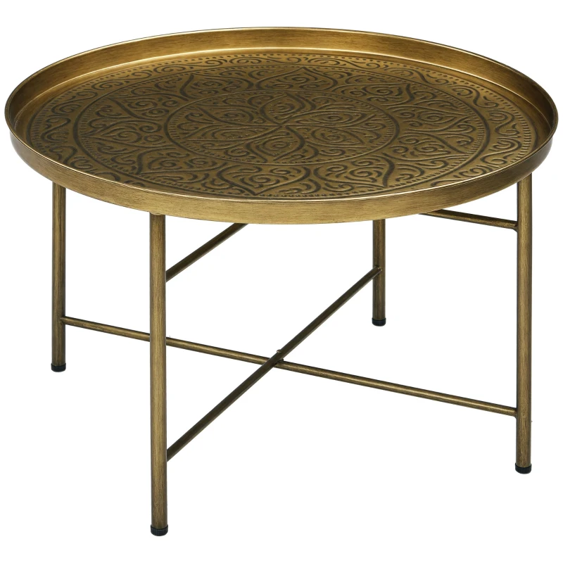 HOMCOM Coffee Table for Living Room, 24" Round Center Table with Hammered Tray Top and Metal Frame for Bedroom, Gold