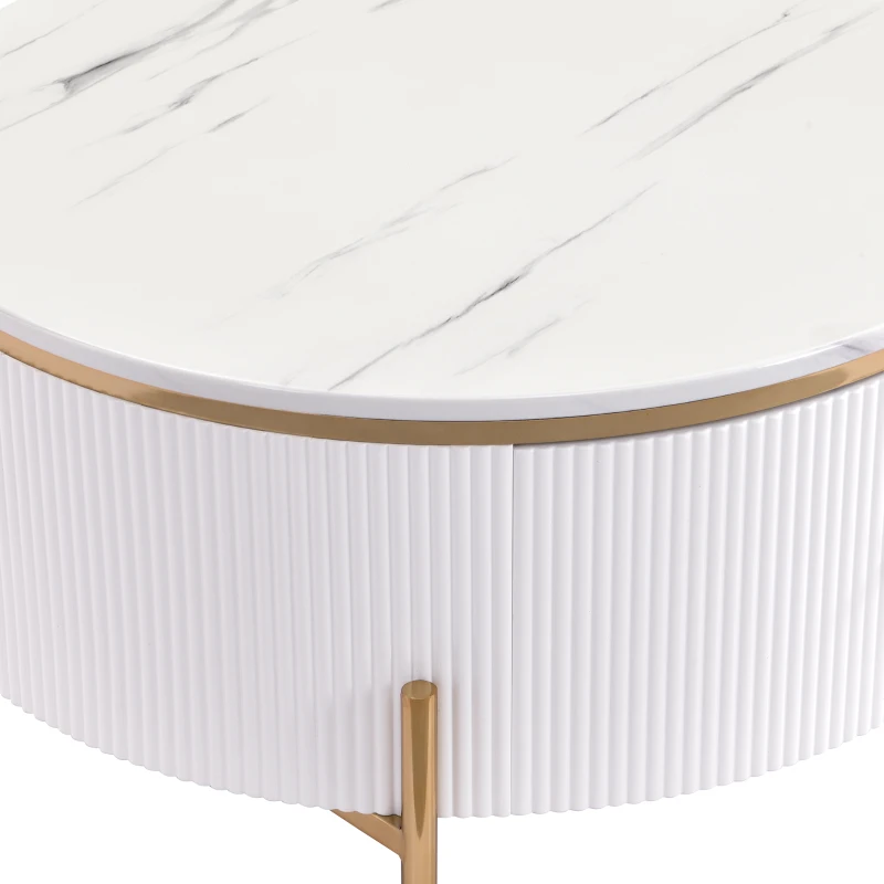 Modern Round Coffee Table with 2 Large Drawers, MDF Construction and Gold Legs, Sleek Modern Design, 31.5" L x 31.5" W x 17" H, White+Gold