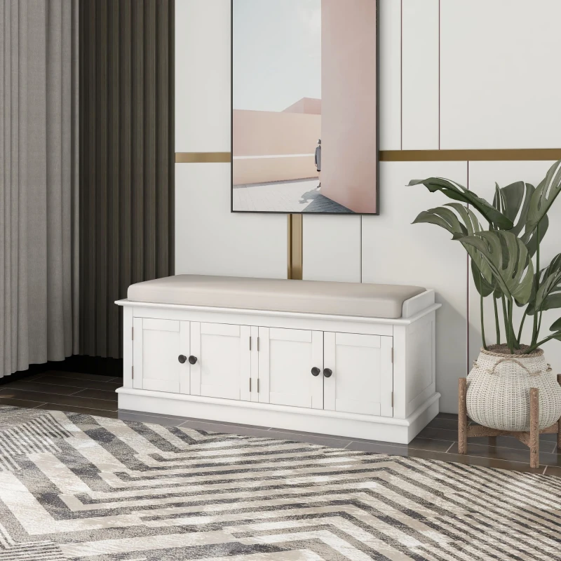 Storage Bench with 4 Doors and Adjustable Shelves, Shoe Bench with Removable Cushion for Entryway, 43" L x 16" W x 17.5" H, White