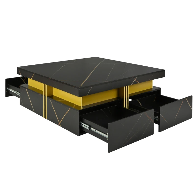 Modern Square Storage Coffee Table with 4 Functional Drawers, MDF Construction, Gold Accents, 43.5" L x 43.5" W x 16.5" H, Black+Gold