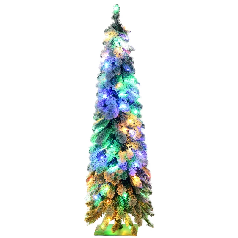 HOMCOM 4' Artificial Slim Christmas Trees, with Snow Frosted Branches, Warm White or Colorful LED Lights, Downswept Shape
