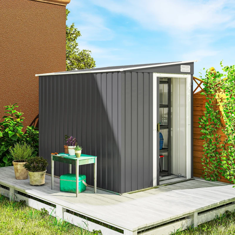 Outsunny 5'x7' Lean to Galvanized Metal Shed with Foundation, Garden Tool Storage House with Sliding Door and 2 Vents, Dark Grey