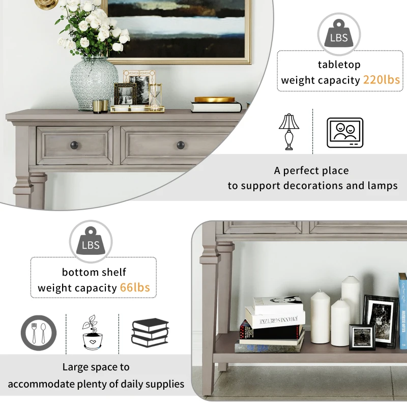 Classic Retro Console Table with 3 Drawers, Open Shelf, Vintage Metal Handles, Perfect for Entryway, Living Room, 50" L x 15" W x 30" H, Gray