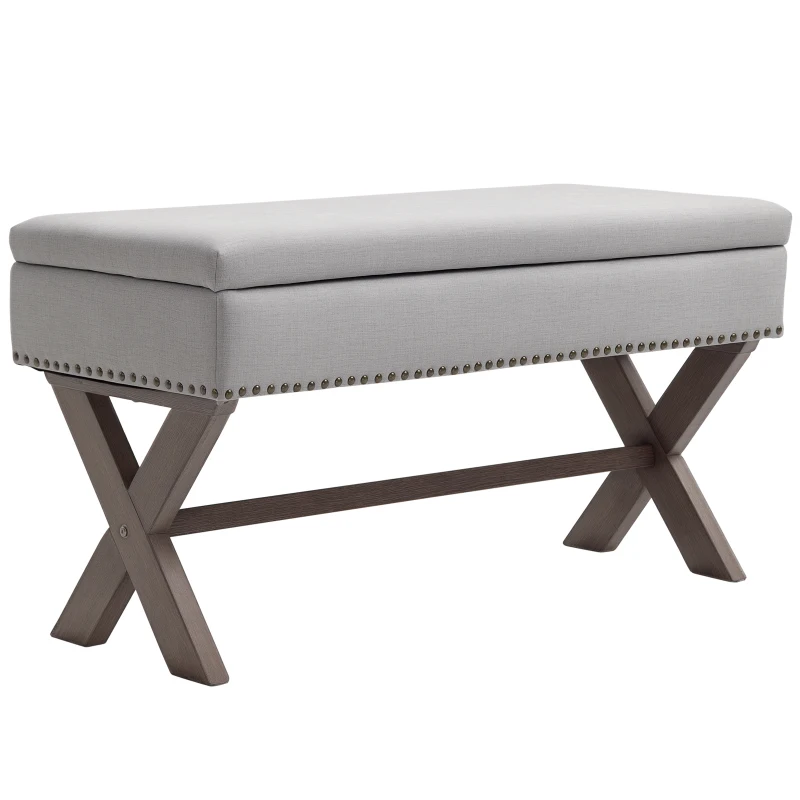 HOMCOM 35.75" Storage Ottoman, Upholstered Storage Bench with Hidden Space, Nailhead Trim and X-Shaped Wood Legs, for Living Room, Entryway, Bedroom, Grey