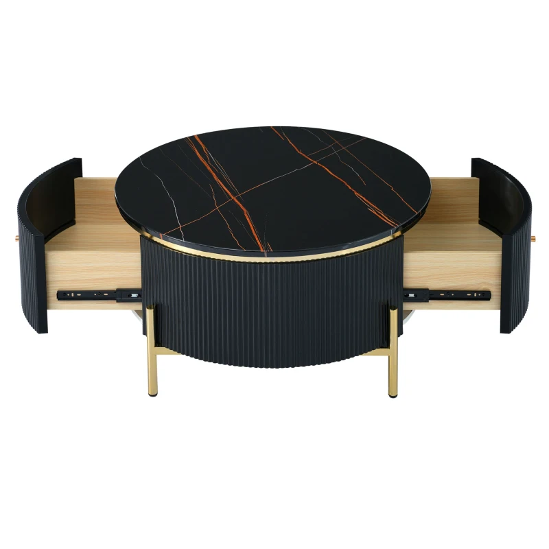 Modern Round Coffee Table with 2 Large Drawers, MDF Construction, Mrable Sofa Table with Golden Legs, 31.5" L x 31.5" W x 17" H, Black+Gold