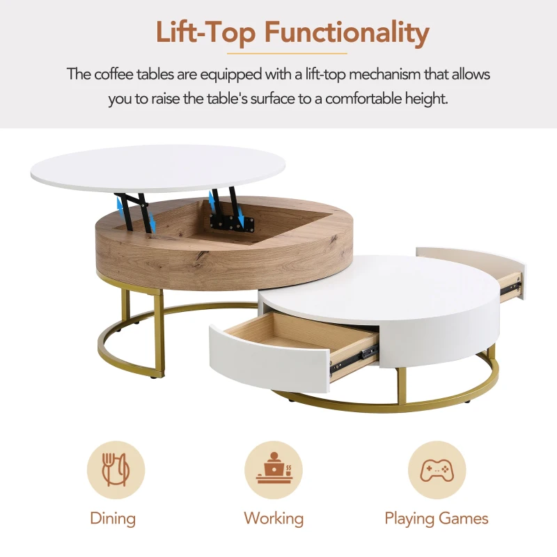 Modern Round Lift-top Nesting Coffee Tables with Hydraulic Lifting System, Space-saving Design, 31.5" L x 31.5" W x 16" H, Natural+White