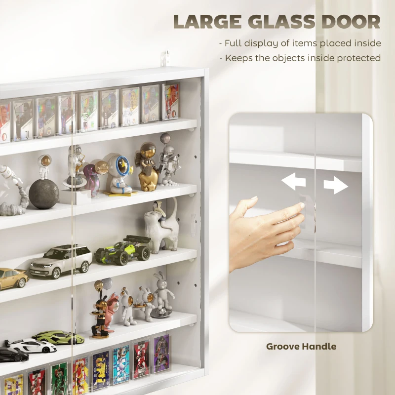 HOMCOM 5-Tier Display Cabinet, Wall-Mounted Display Case with 2 Glass Doors and Adjustable Shelves, White