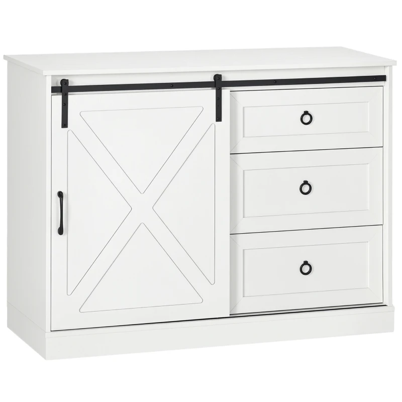 HOMCOM Farmhouse Kitchen Sideboard, Buffet Cabinet with Sliding Barn Door and 3 Storage Drawers for Living Room, White