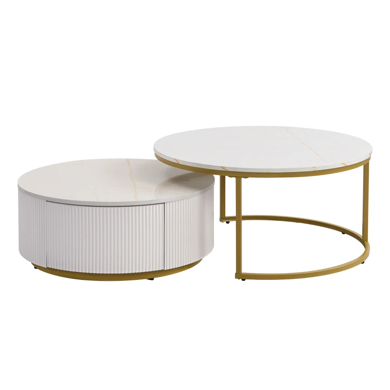 Modern Round Nesting Coffee Table Set with Fluted Design, Storage Drawer, MDF Top and Metal Base, 27.5" L x 27.5" W x 16" H, White+Gold