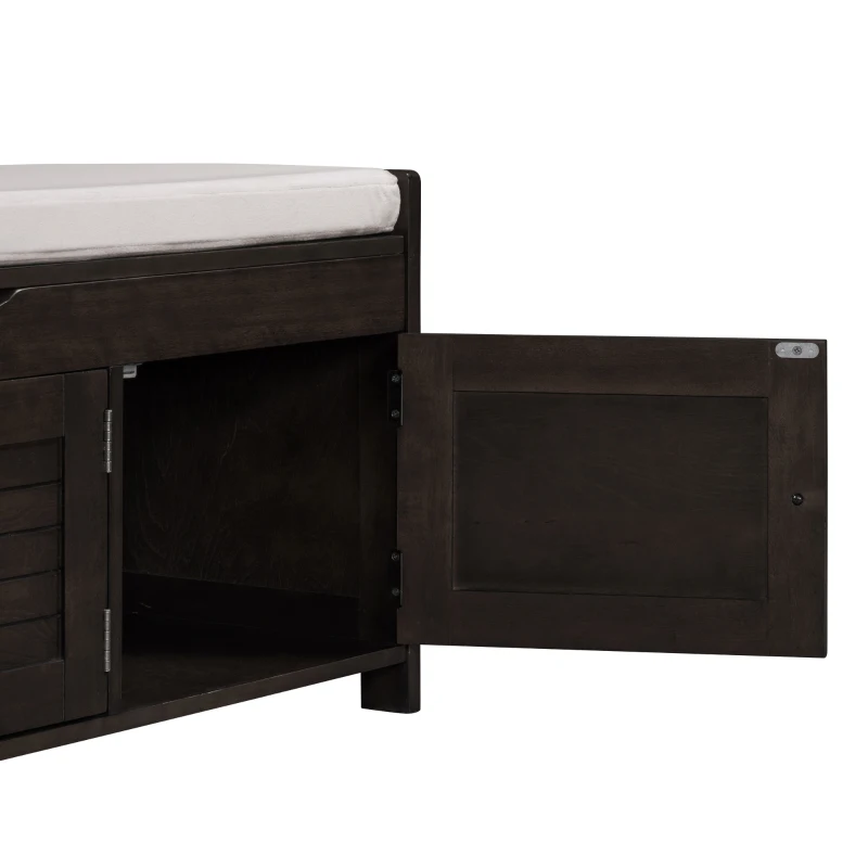 Rustic Storage Bench with Shutter-shaped Doors, Hidden Storage and Removable Cushion, 43.5" L x 16 " W x 18" H, Dark Brown