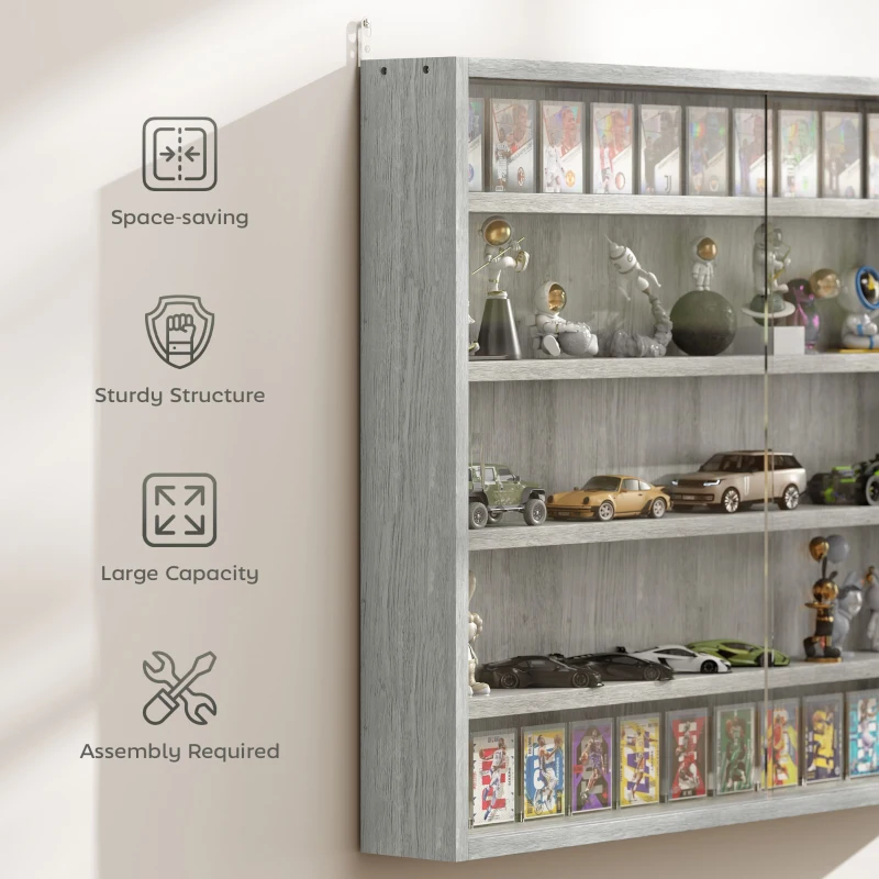 HOMCOM 5-Tier Display Cabinet, Shot Glass Display Case, Glass Curio Cabinet with 2 Glass Doors and 4 Adjustable Shelves, Grey