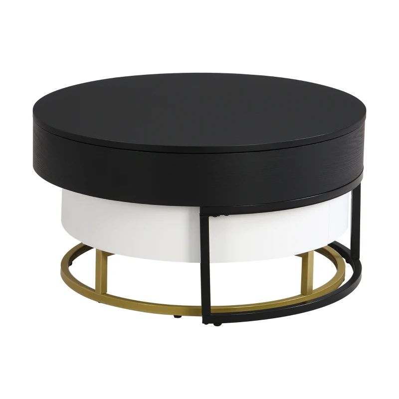 Modern Round Lift-top Nesting Coffee Tables with 2 Drawers, Space-saving Design, Storage Solutions, 31.5" L x 31.5.5" W x 22.5" H, White+Black